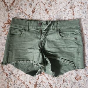 Women's Olive Green Frayed Hem Denim Shorts